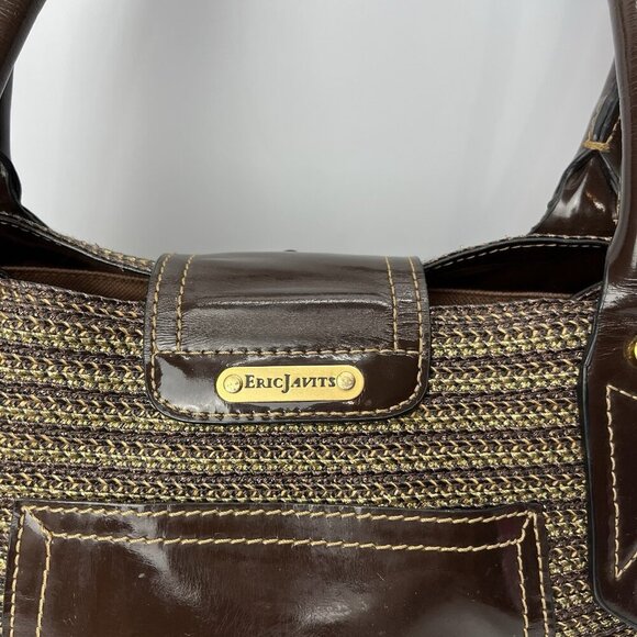 Eric Javits Handbag Double Handle Purse Brown‎ Gold Metallic Woven Straw - Picture 2 of 16